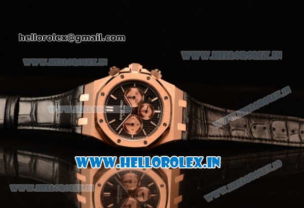 Audemars Piguet Royal Oak Chronograph Swiss Valjoux 7750 Rose Gold Case with Black Leather Strap Black Dial and Gold Three Subdials 1:1 Original EF - Click Image to Close